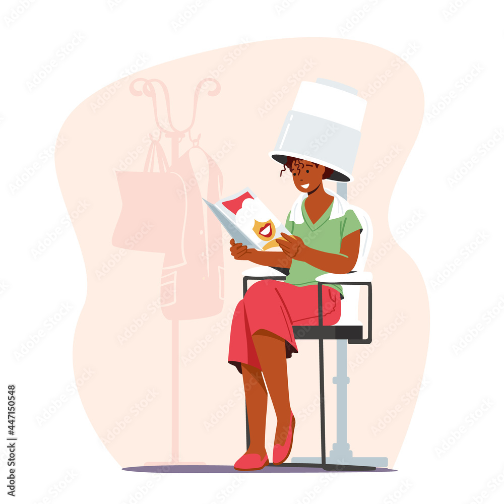 Young Woman Visiting Beauty Salon. Female Character Reading Magazine while Drying Hairs under Dome Fan, Curly Hairstyle Young Woman Visiting Beauty Salon. Female Character Reading Magazine while Drying Hairs under Dome Fan, Curly Hairstyle
