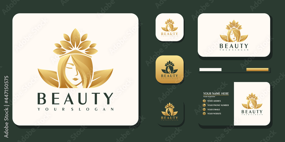 Beauty women ,beauty care ,women face , gold color ,elegance ,logo and business card reference Premium Vector