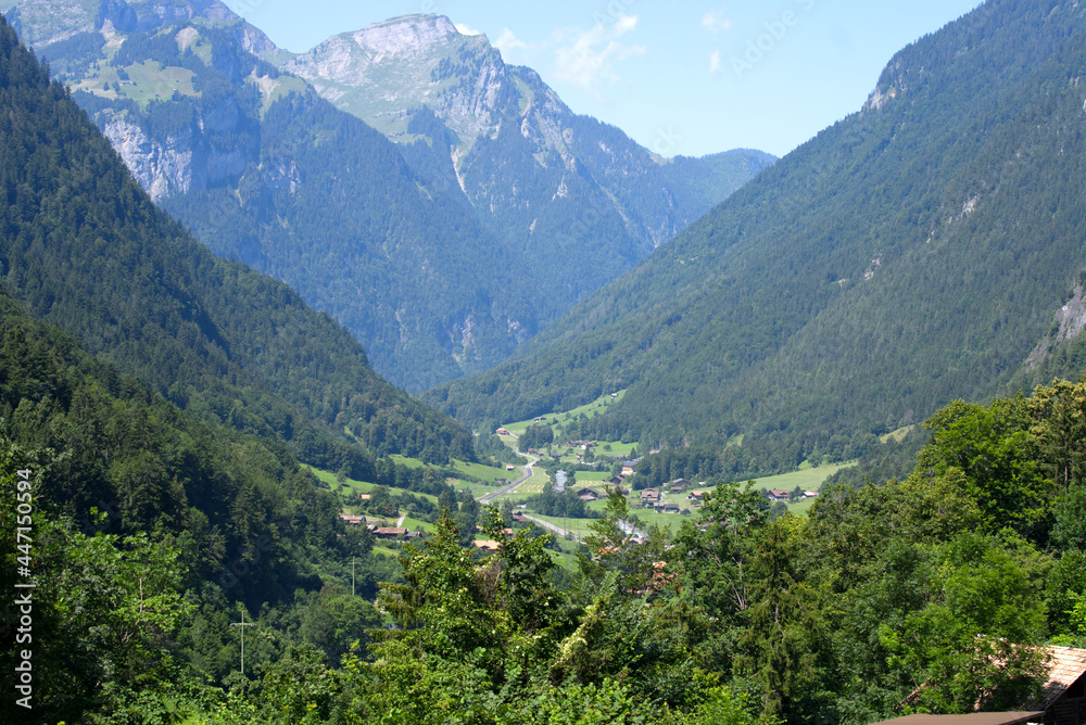 Landscape in the mountains at Bernese highland on a beautiful summe day. Photo taken July 20th, 2021, Lauterbrunnen, Switzerland.