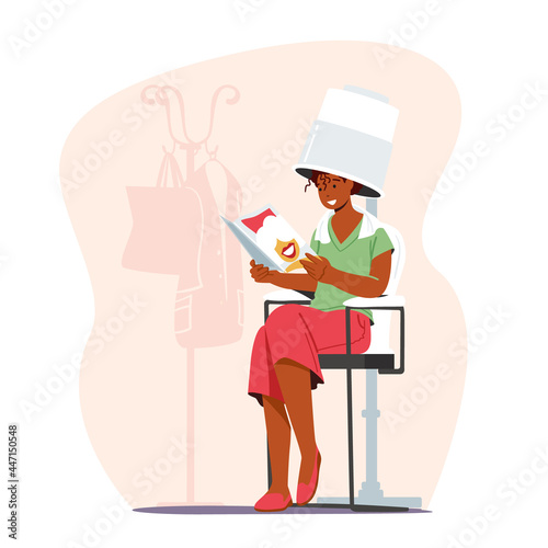 Young Woman Visiting Beauty Salon. Female Character Reading Magazine while Drying Hairs under Dome Fan, Curly Hairstyle
