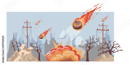 Large burning meteorites fall on the city vector flat illustration. Destroyed city buildings during natural disaster. Abandoned and damaged broken constructions. Town in ruins after comet falling.