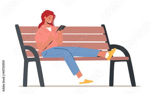 Young Woman with Mobile Phone. Smiling Female Character Holding Cellphone Sitting on Bench Communicating in Networks