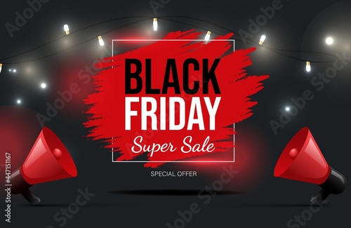 Black Friday vector banner design with text. Super seasonal sale poster neon concept, special offer. Discounts billboard with loudspeakers and lights. Advertising offer concept.