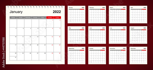 Wall calendar template for 2022 year. Holiday and event planner, week starts on Monday.