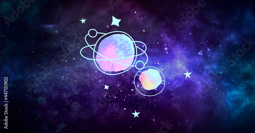Vector handdrawn doodles on colorful space watercolor background