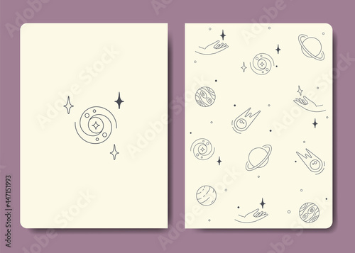 Vector set of space covers for planner and notebooks, first and last a5 page. Set of spiritual and esoteric, magic theme template