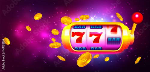 Slot Machine with Icons and Coins on Colorful Background. Online