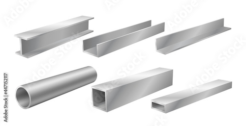 Steel beams and pipes, realistic structural products, set of construction materials