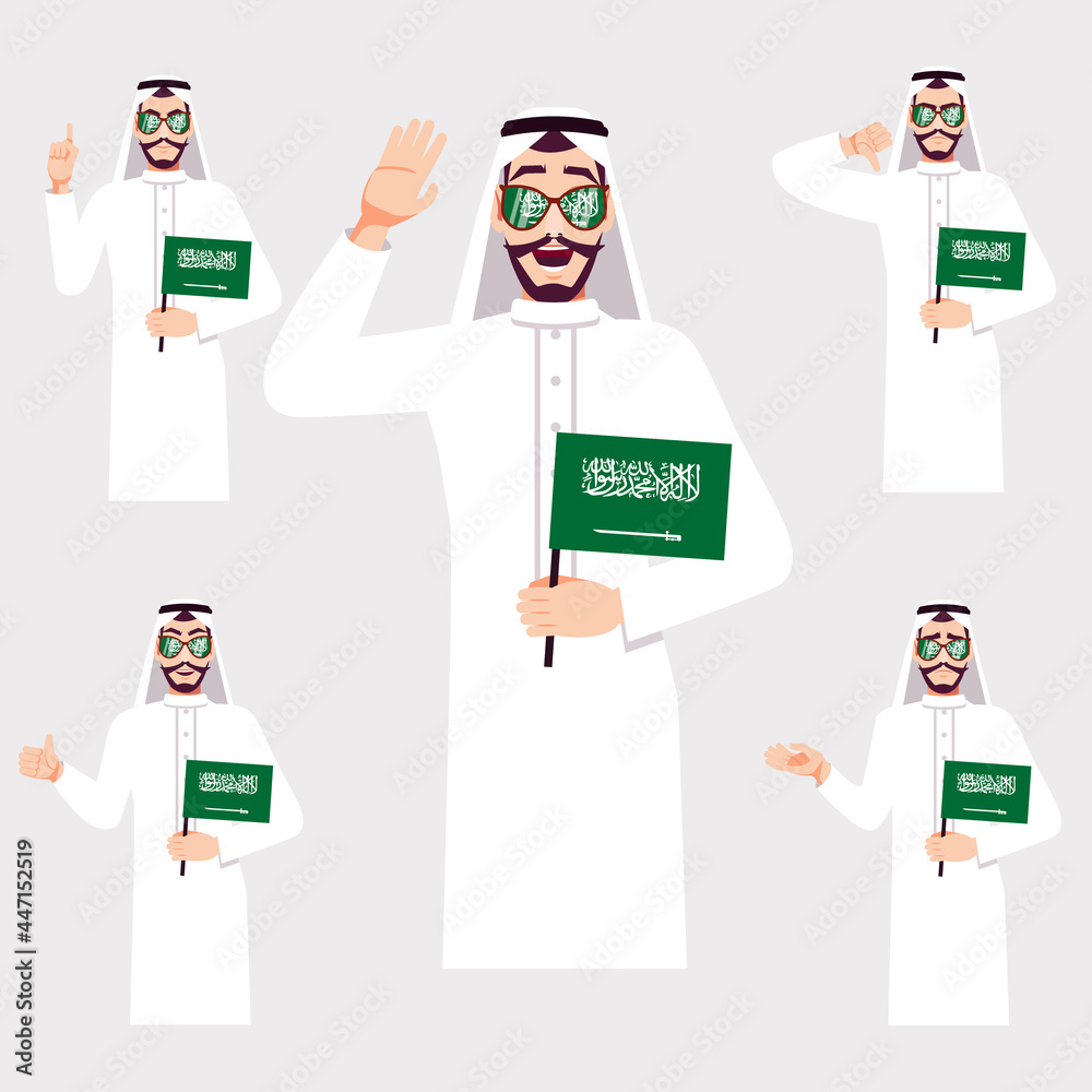 A handsome man with the Saudi Arabia flag. A set of fan emotions. Vector illustration on cartoon style.