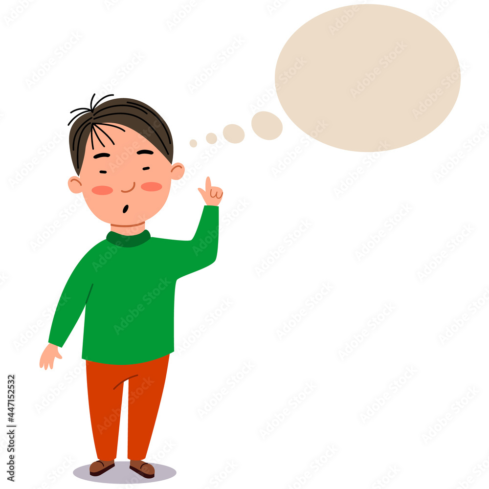 A boy in trousers and a jacket. The child is thinking about an idea. The student thinks about it. cloud for text. Vector illustration on a white isolated background. A boy in trousers and a jacket. The child is thinking about an idea. The student thinks about it. cloud for text. Vector illustration on a white isolated background.