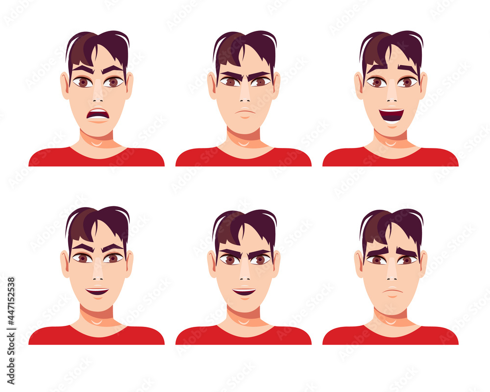 Set of attractive Asian man with different facial expressions. Vector illustration in cartoon style.