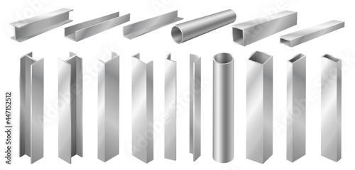 Metal profile and tubes isolated on white background. Different 3d steel beam and pipes