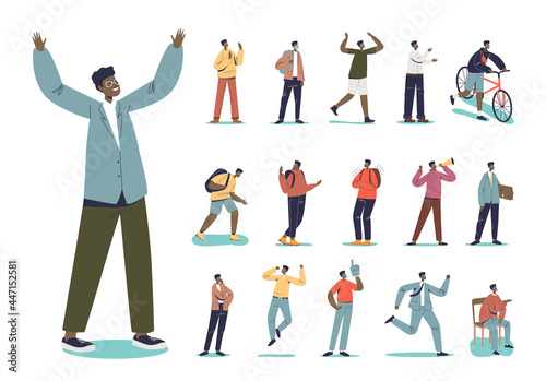 Set of african american male wearing suit and glasses in different lifestyle situations and poses