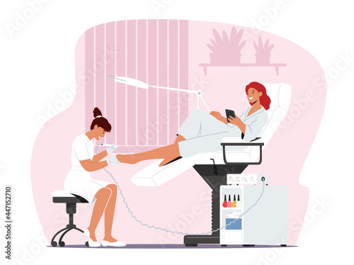 Woman Character Visiting Beauty Salon for Applying Pedicure Procedure. Master Polishing and Care Girl Nails