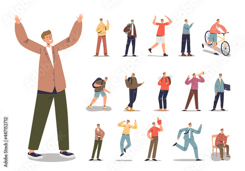Set of businessman guy in different lifestyle situations and poses: cartoon male character happy