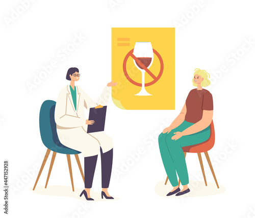 Female Character Visiting Narcologist to Stop Alcoholism Addiction. Woman with Hangover Syndrome Sit front of Doctor