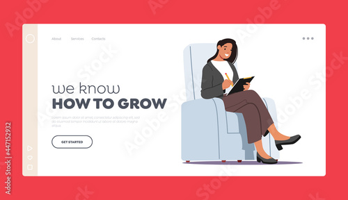 We Know how to Grow Landing Page Template. Businesswoman Character Wearing Formal Wear Sitting in Armchair Writing Paper