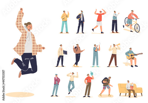 Cheerful hipster guy lifestyle set: cartoon casual man jumping, walking, riding bicycle