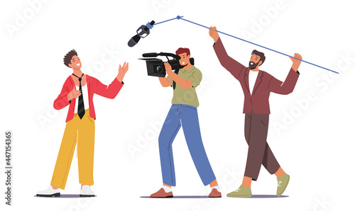 Cameraman with Camera and Crew Holding Microphone Recording Interview with Male Character. Journalist Profession