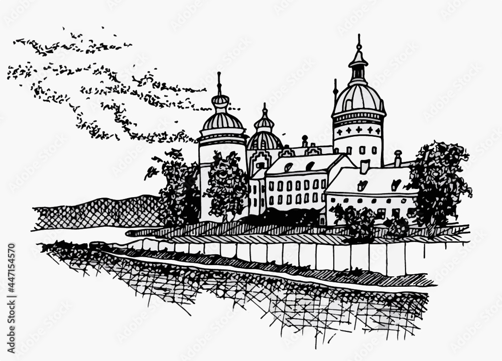Fototapeta premium Schloss am Fluss, Illustration