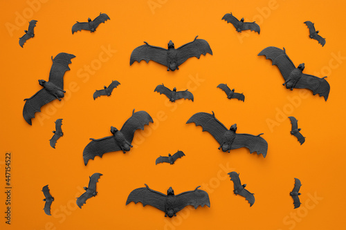 A lot of black bats flying on an orange background. Scary halloween flat lay composition on an orange background. Halloween decoration concept © spyrakot