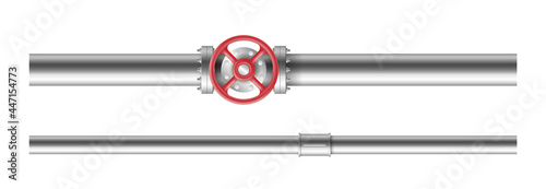 Pipe with valve ball, fittings and realistic piping system. Industrial faucet for water, oil, gas