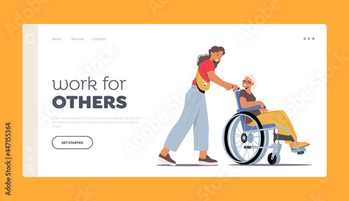 Volunteering Healthcare, Medical Aid Landing Page Template. Volunteer Character Help Old People in Nursing Home