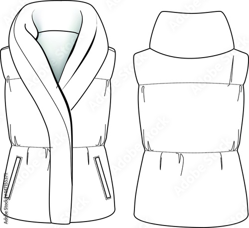 Fashion quilt dawn feather vest sleeveles jacket technical illustration. Editable outwear flat fashion sketch photo