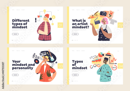 Different types o mindsets: landing pages with creative, artistic, logical and structural thinking
