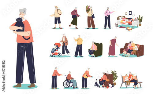 Senior gray hair female lifestyle set: older grandma mature woman walking, at home or with grandkids