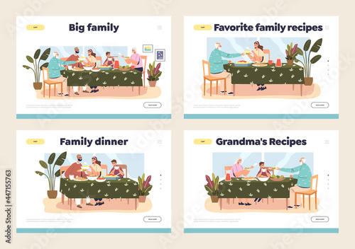 Landing pages set with family dinner concept and parent and kids gathering at festive meal at home