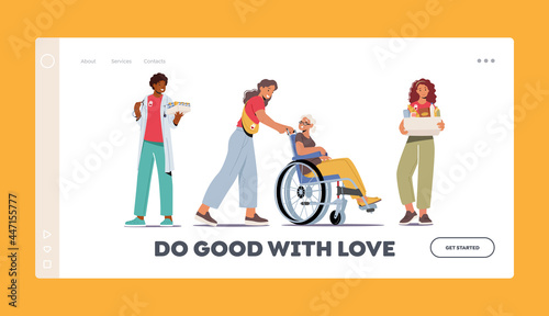 Volunteering Landing Page Template. Characters Help Disabled Seniors, Feeding Homeless Dogs, Delivery Grocery for People
