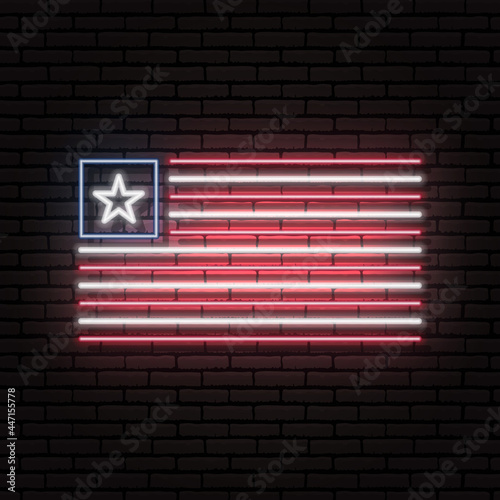 Neon sign in the form of the flag of Liberia. Against the background of a brick wall with a shadow. For the design of tourist or patriotic themes. The African continent