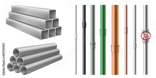 Set of realistic steel metal and plastic pipes for water, oil, gas pipeline, construction building