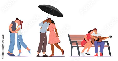 Set of Couples in Fall Love. Loving Man and Woman Kiss under Umbrella, Holding Hands, Singing Song, Playing on Guitar