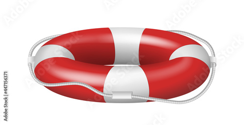 Rescue rubber lifebuoy side view template with red stripes and rope. Lifebelt ring for water rescue