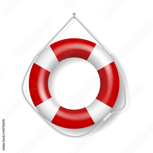 Realistic red lifebuoy with rope. Rescue belt for help and safety, lifesaver symbol for passengers