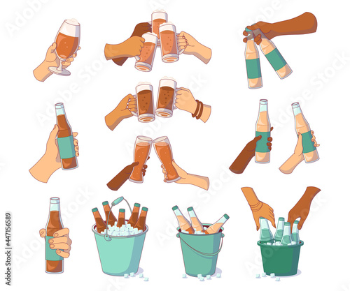 Human hands of different colors raise glasses. Isolated vector set of beer bottles in the hands and in the beer buckets. 