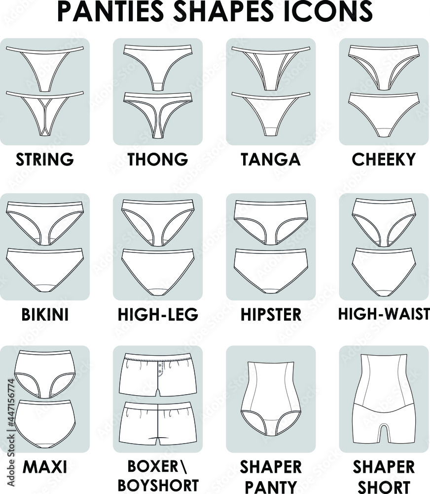 Vecteur Stock Panties lingerie underwear shapes icons brief maxi boxer  shaper boyshort hipster thong high-leg high-waist bikini tanga string  cheeky | Adobe Stock