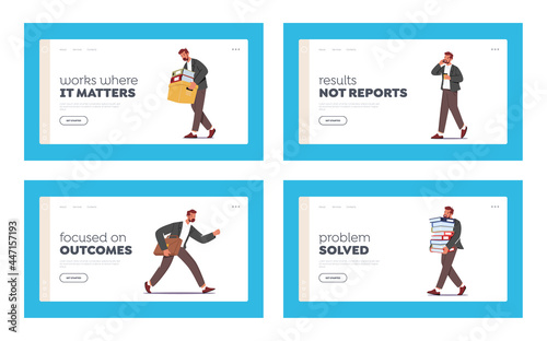 Businessman Character Work in Office Landing Page Template Set. Clerk Late at Work, Talk by Phone, Carry Folders Pile