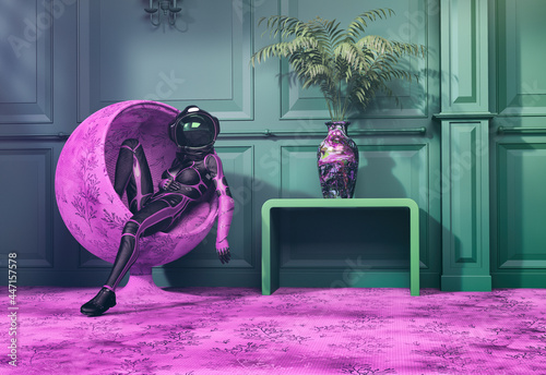Woman astronaut relax in pink fabric armchair with hue color style interior.-3d rendering