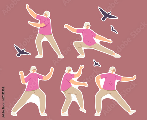 Set of Stickers Elderly Woman Exercising, Making Tai Chi Movements and Poses for Healthy Body, Flexibility and Wellness