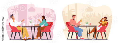 Young Couples Visiting Cafe, Meeting, Hospitality Concept. Male and Female Characters Sitting at Tables Drink Beverages