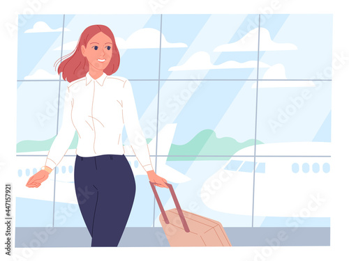 Young woman with a suitcase at the airport against the background of the takeoff field