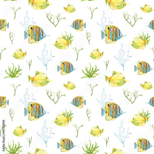 Watercolor seamless pattern with exotic fish and corals.
