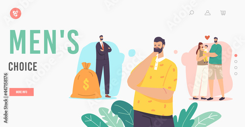 Men Choice Landing Page Template. Male Character Choose between Career and Family. Man Think about Balance of Work