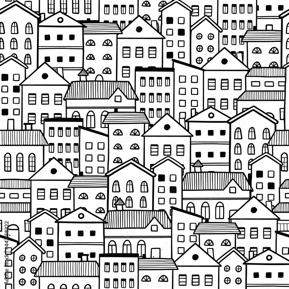House pattern. Doodle sketch style seamless background. Hand drawn home ...