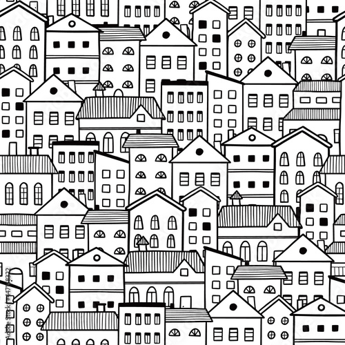 House pattern. Doodle sketch style seamless background. Hand drawn home with roof vector illustration for texture, print.