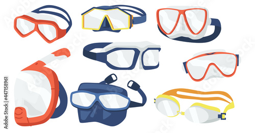 Set of Snorkeling Masks Icons, Scuba Diving Equipment of Different Design. Underwater Glasses, Mouthpiece Tube for Swim