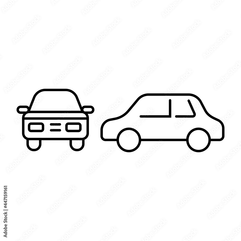 Car icon set front and side view outline symbol. Vector illustration isolated on white background.
